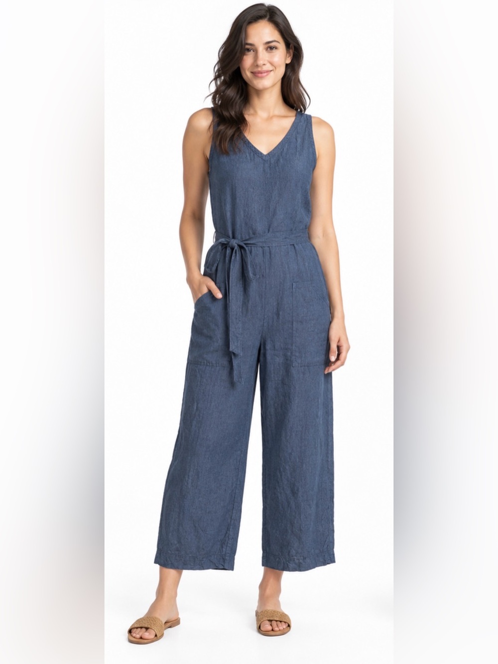 Eileen Fisher Blue Linen Sleeveless V-Neck Wide Leg Cropped Jumpsuit Size S